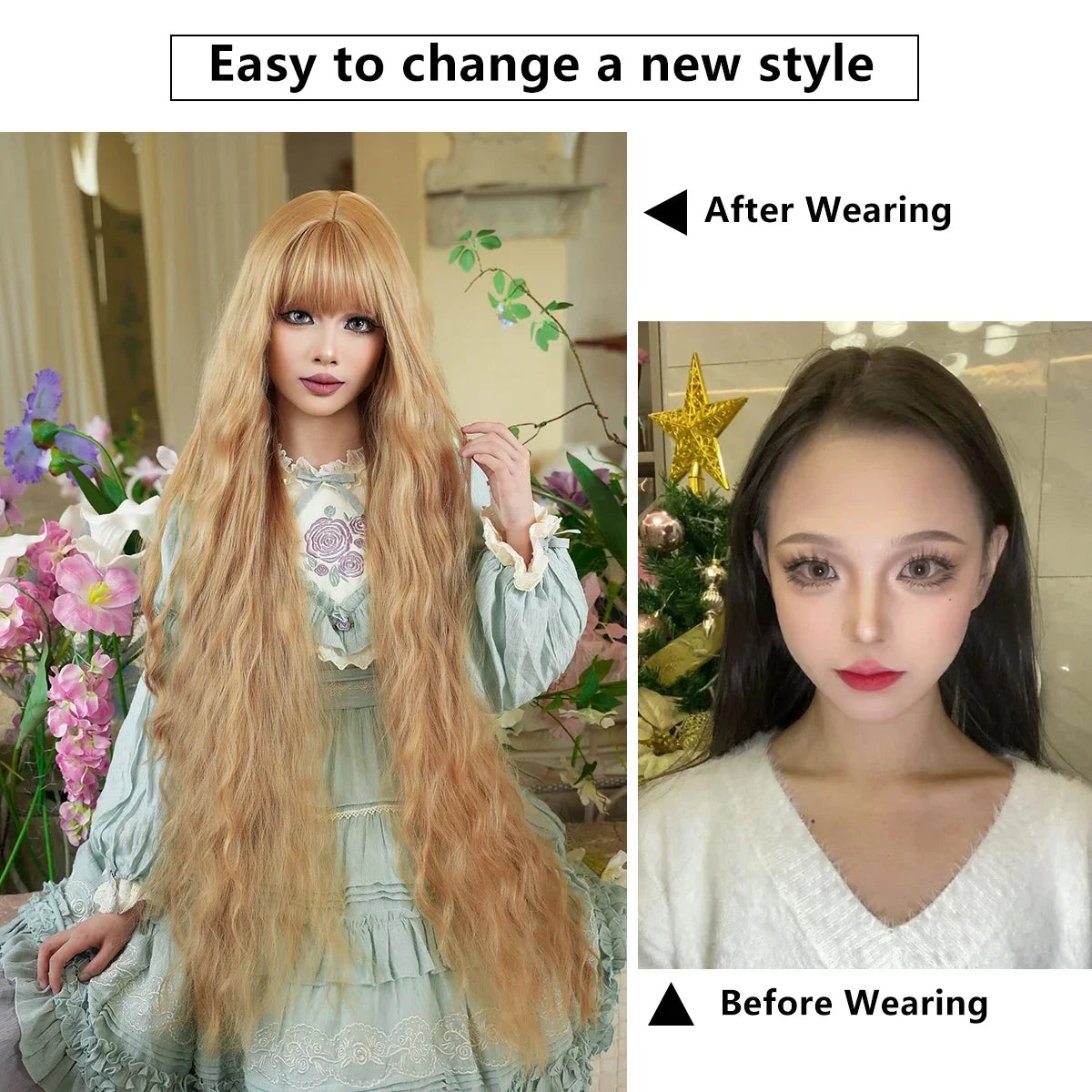 44" Extra Long Blonde Wig with Bangs - Curly Lolita Synthetic Wig for Women’s Rapunzel, Wedding, & Cosplay