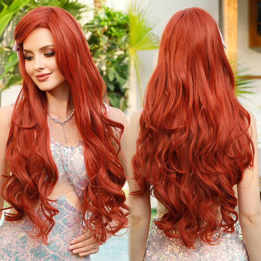 Halloween Wig Aquamarine Wig Synthetic Long Curly Orange Red Mermaid Wig with Bangs Loose Body Wave Wigs for Women Cosplay Party Cosplay Wig