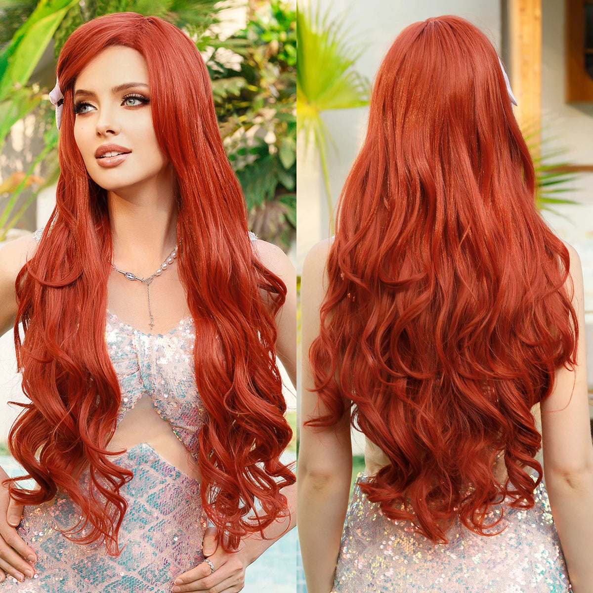 Halloween Wig Aquamarine Wig Synthetic Long Curly Orange Red Mermaid Wig with Bangs Loose Body Wave Wigs for Women Cosplay Party Cosplay Wig