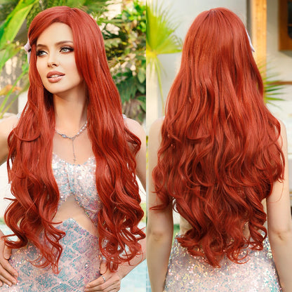 Halloween Wig Aquamarine Wig Synthetic Long Curly Orange Red Mermaid Wig with Bangs Loose Body Wave Wigs for Women Cosplay Party Cosplay Wig