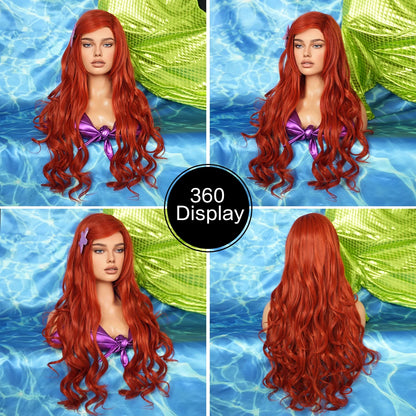 Halloween Wig Aquamarine Wig Synthetic Long Curly Orange Red Mermaid Wig with Bangs Loose Body Wave Wigs for Women Cosplay Party Cosplay Wig