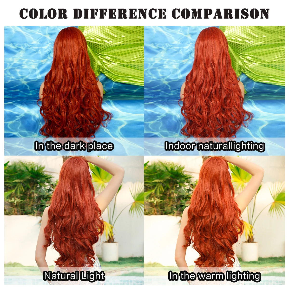 Halloween Wig Aquamarine Wig Synthetic Long Curly Orange Red Mermaid Wig with Bangs Loose Body Wave Wigs for Women Cosplay Party Cosplay Wig