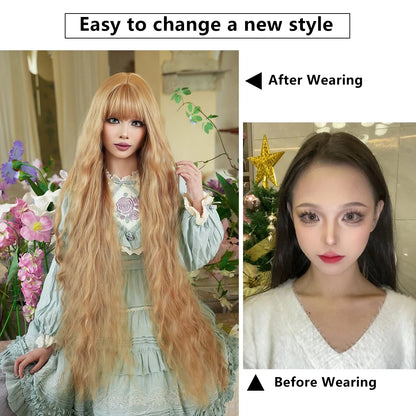 44" Extra Long Blonde Wig with Bangs - Curly Lolita Synthetic Wig for Women’s Rapunzel, Wedding, & Cosplay